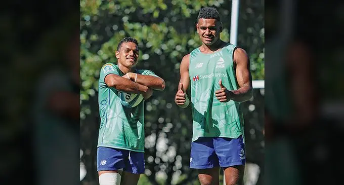 Swire Shipping Fijian Drua halfback Philip Baselala (left) and flanker Kitione Salawa during the team’s training session in Sydney on May 16, 2023, 2023. Photo: Fijian Drua Media
