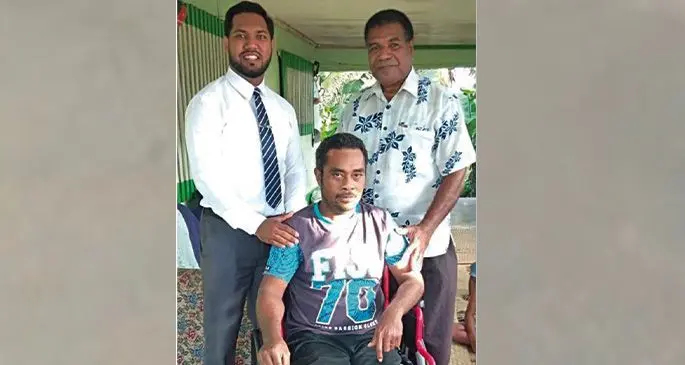 From left: Rotary Club Labasa president John Prasad, Maikeli Sogari Maria and Viliame Jiuta (uncle), after receiving the kind donation from the club on October 21, 2019.