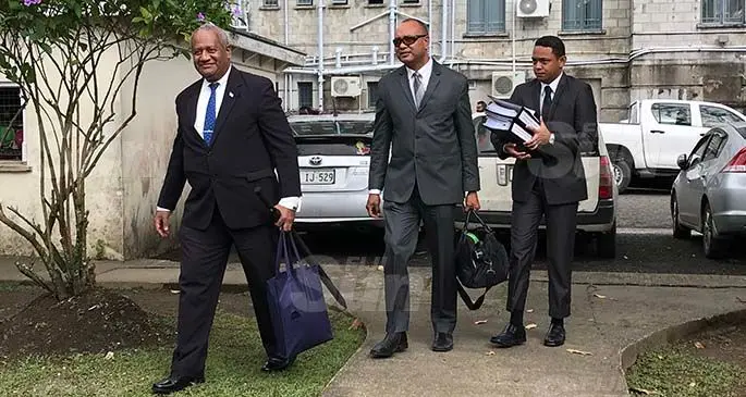From left: Freesoul Real Estate Development (Fiji) PTE Limited project officer Saula Sovanivalu, Freesoul Real Estate Development (Fiji) PTE Limited’s lawyer David Toganivalu and Tevita Uluibau Draunidalo Cagilaba outside the Magistrates Court in Suva on August 5, 2020. Photo. Ashna Kumar