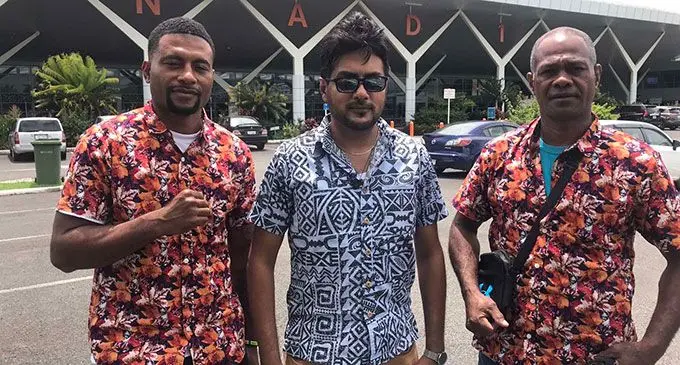 From left: Fiji super middleweight champion Tomu Gaunavou, matchmaker Simon Naushad and trainer Ioane Delatabua at Nadi International Airport on March 1, 2022. Photo: Waisea Nasokia
