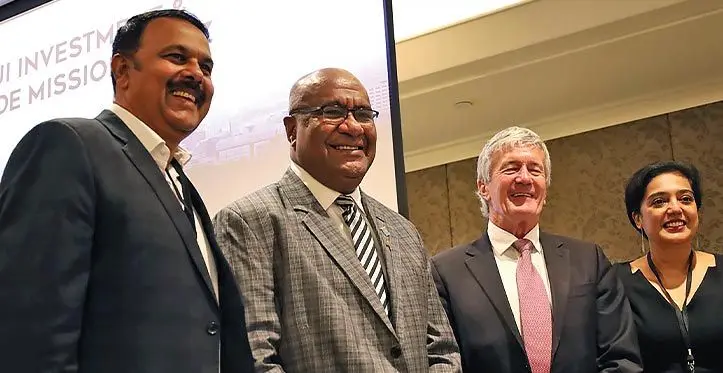 Minister for Trade Manoa Kamikamica (middle) in Auckland with the New Zealand Fiji Business Council president Chander Sen (left), and New Zealand Minister for Trade and Export Growth Damien O’Connor during the 2023 Fiji Investment and Trade Mission to New Zealand on March 20, 2023.