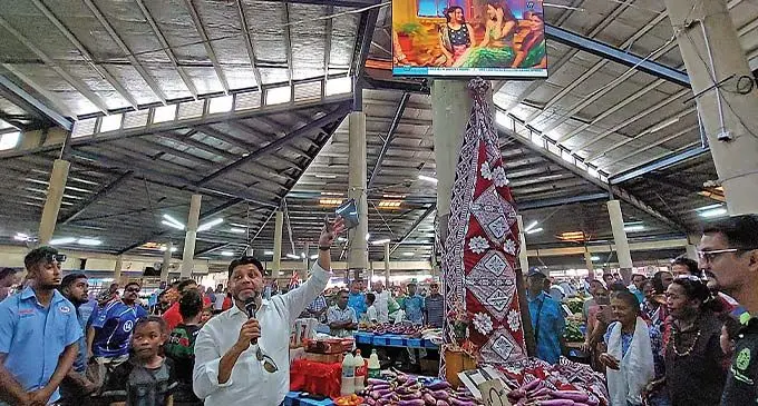 Attorney-General and Minister for Economy, Aiyaz Sayed-Khaiyum while launching the free Walesi television screens and Wi-Fi hotspot inside the Lautoka Municipal Market on November 19, 2022. Photo: Nicolette Chambers