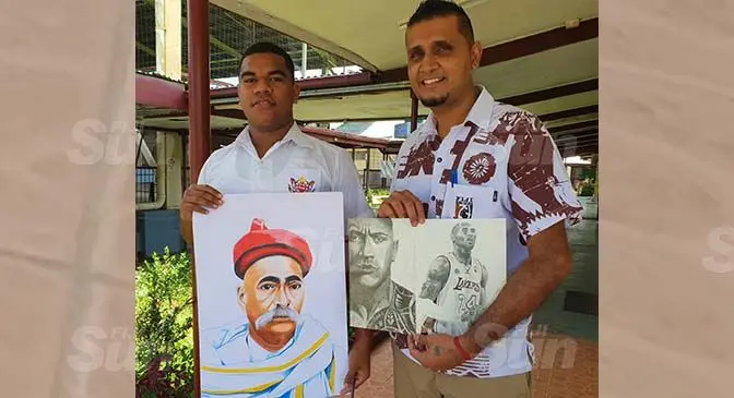 Tilak High School Year 11 student Meli Kuru and his Technical Drawing teacher, Sumit Chand, with some of the freehand drawings that Meli did of the school philosopher, Saint Bal Gangadhar Tilak, Dwayne Johnson (The Rock) and Kobe Bryant. Photo: Nicolette Chambers