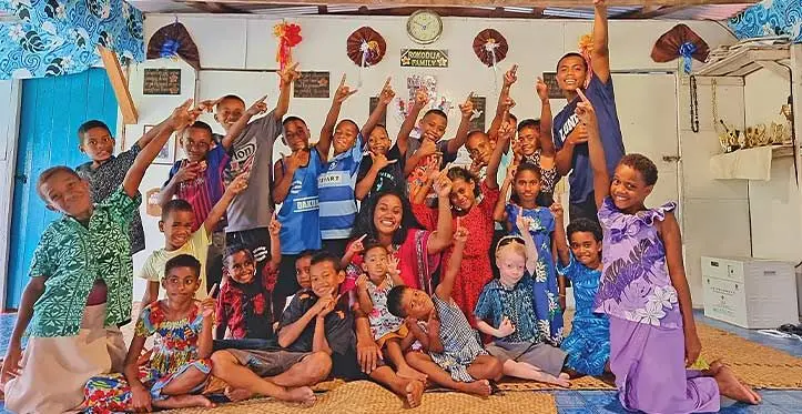 Chilren of Korotasere in Vaturova, Cakaudrove, celebrate the solar power commissioning on May 10, 2023. Photo: Sampras Anand