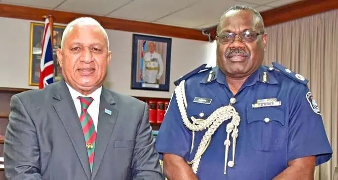 Prime Minister Voreqe Bainimarama and newly-appointed acting Police Commissioner Rusiate Tudravu at the Office of the Prime Minister in Suva on August 3, 2020. Photo: Office of the Prime Minister