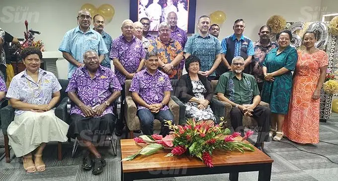 Sitting from left: Fiji Commerce and Employers Federation (FCEF) vice president Eseta Nadakuitavuki, FCEF former board member Poate Mata, FCEF president Sandeep Chauhan, FCEF trustees Jenny Seeto and Hafiz Khan. Standing second from left: FCEF former CEO Nesbitt Hazelman, Digby Bossley (former president), David Aidney (former president), FCEF CEO Kameli Batiweti, International Labour Organisation director Matin Karimli along with FCEF members during the organisation’s 60th anniversary in Suva on September 5, 2020. Photo: Lusiana Tuimaisala