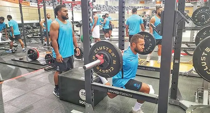 Fiji Airways Flying Fijians first five eighth,Teti Tela, trains with fellow Flying Fijian teammates in hamilton on July 12, 2021.   