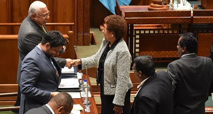 SODELPA Opposition Member of Parliament Ro Teimumu Kepa congratulates Prime Minister Voreqe Bainimarama after the 2020-2021 National Budget was passed in Parliament on July 30, 2020.  Photo: Parliament of Fiji