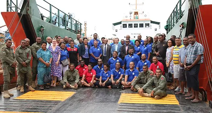 The assessment team pictured with the Minister for Infrastructure, Transport, Disaster Management & Meteorological Services, Jone Usamate and  New Zealand High Commissioner in Fiji Jonathan Curr onboard the Sigavou.  Photo: Kelera Sovasiga