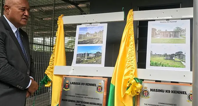 Permanent Secretary for Foreign Affairs Major General (Ret’d) Iowane Naivalurua officially opening the K9 unit at the Naboro K9 Unit Complex.  Photo: Kelera Sovasiga