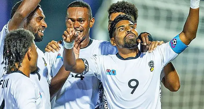 National striker Roy Krishna celebrates with his Bula Boys players. Photo: Leon Lord