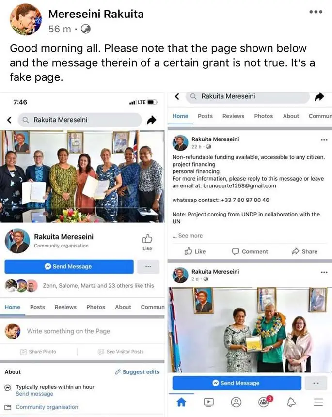 Minister for Women, Children and Poverty Alleviation Mereseini Vuniwaqa’s post on Facebook warns the public on the fake account.