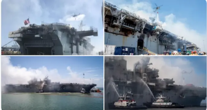 Undated combo photo posted on Twitter on July 14, 2020 shows sailors and civilian fire crews continued to combat a fire aboard amphibious assault ship USS Bonhomme Richard at Naval Base San Diego in California, the United States. (Photo credit: U.S. Navy) 