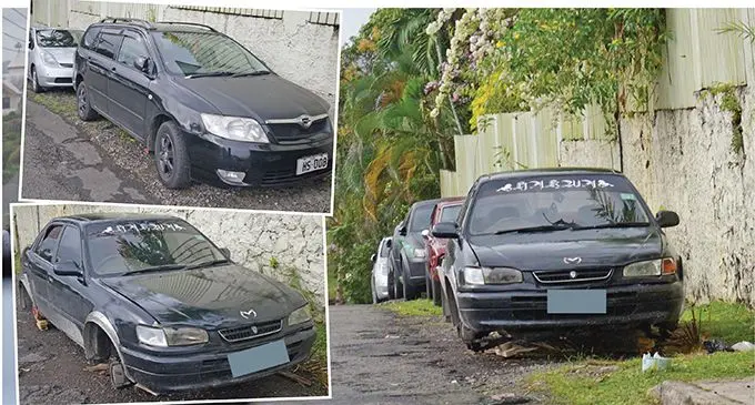The vehicle that was left abandoned along Pender Street in Suva on June 25, 2019, by a suspect who is alleged to have removed parts from another vehicle parked a few metres behind.  TOP LEFT INSET: It is alleged that the suspect was attempting to steal parts from the black Fielder (HS 008) parked along Pender St when he was spotted by the owner. The suspect, knowing that he was spotted, walked away leaving behind his car, witnesses said. That car has lost some parts as well since being abandoned