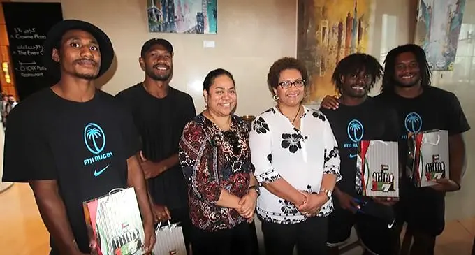 St Bedes College ex-scholars (from left), Iowane Raturaciri, Iowane Teba, Akanisi Toloi, MAliana Matameli, Daniele Yaya and Manueli Maisa­moa in Dubai on December 2, 2021. The national reps were visited by the two staff nurses who are working in Dubai. Photo: Gabby Abariga 