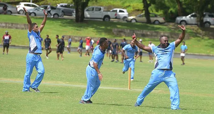 Komo cricket players celebrate after taking a wicket against Suva Warriors during Easter Cricket Championship at March 31, 2021. Photo: Ronald Kumar.
