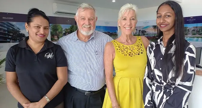 Relcorp developer of Naisoso Island and owner of Mirage Resort, Bob Lowres with the women who help make it happen – his executive assistant Shalini Lata (left), General Manager/Sales and Marketing of Naisoso Island Property Sales and The Mirage Resort Ruth Kippax (third from left), and Ms Kippax’s administration assistant, Zahrah Zafirah. Photo: Charles Chambers