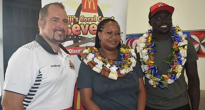 From left: McDonalds Fiji Coral Coast sevens tournament chairman Jay Whyte, Chebet Limo Injera and Kenya sevens legend Collins Injera at the Nadi International Airport on January 8, 2023. Photo: Waisea Nasokia