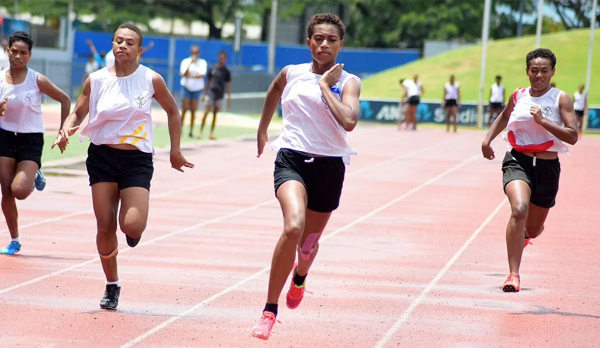 Amale Navabale (third from left) won the inter-girls 100 meters final during Adi Cakobau School inter-house competition at ANZ Stadium on February 16, 2019. Photo: Ronald Kumar.