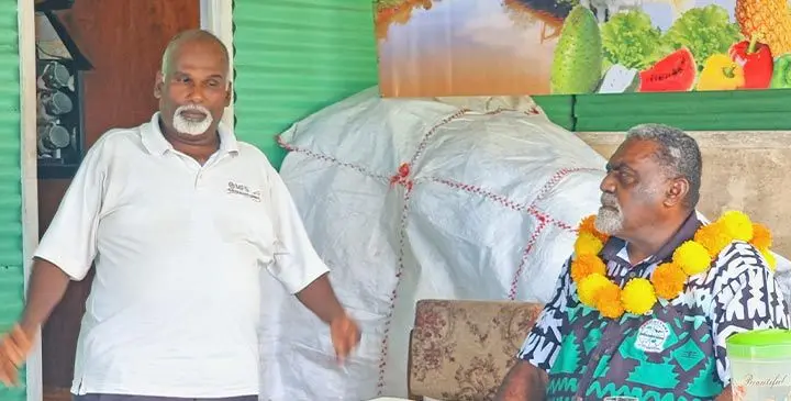 Wailevu Waiqele Rice Farmers Cooperative vice president, Bas Deo (left), during a conversation with Assistant Minister for Agriculture and Waterways, Tomasi Tunabuna, in Labasa on May 29, 2025