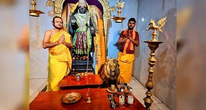 Shree Sai Ambani Dham temple in Namara, Labasa, head priest, Mandir Singh (left), and assistant priest, Sumit Narayan, plead with  the public not to indulge in religious setting theft and to rely information on suspicious activities to police on September 4, 2022. Photo: Sampras Anand