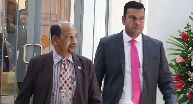 Member of Parliament Brij Lal and Ashneel Sudhakar outside Parliament outside Parliament on March 07, 2018. Photo: Ronald Kumar.