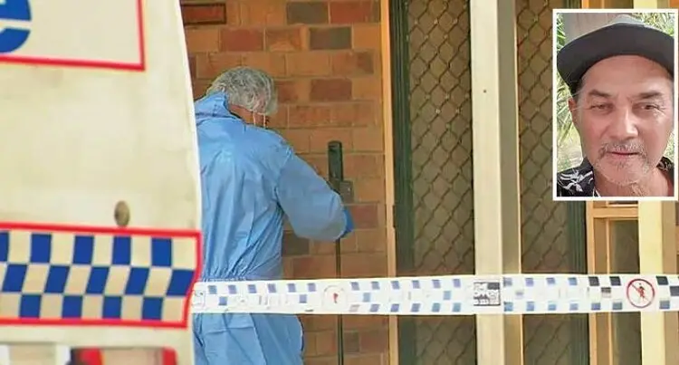Police inspect the house where the alleged murder took place in Brisbane, Australia. Inset- The late Frederick Thomas Stewart.