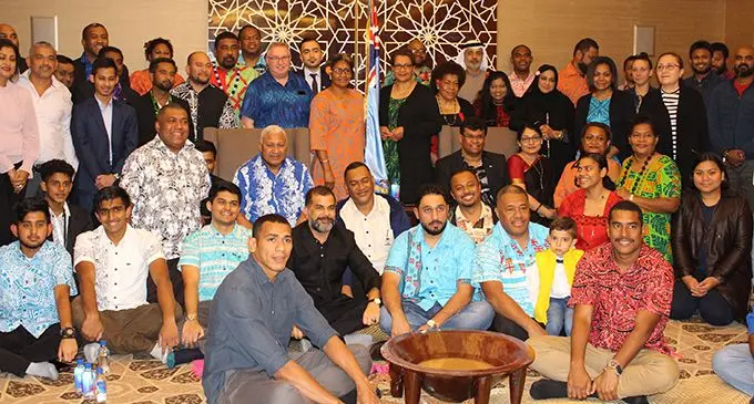 Prime Minister Voreqe Bainimarama and Ambassador Kamlesh Prakash with fellow Fijians and friends of Fiji at the Bab Al Qasr Hotel in Abu Dhabi.  Photo: Gulf Fijians Media