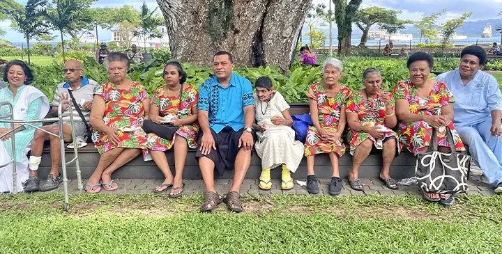 Minister for Women, Children and Social Protection Sashi Kiran (far left), and the Minister for Housing, Local Government and Community Development Maciu Nalumisa, (fifth from left), with residents of the Father Law Home Society at Ratu Sukuna Park on April 4, 2025. Photo: Rariqi Turner