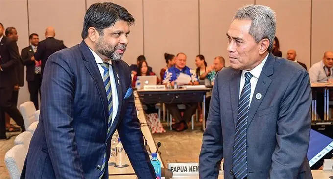 Attorney-General and the Asian Development Bank chair of the Board of Governors Aiyaz Sayed-Khaiyum with the Samoan Minister for Finance and ADB Governor Sili Epa Tuioti. Photo: DEPTFO News