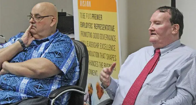 Fiji Roads Authority chief executive officer Jonathan Moore (left), and Land Transport Authority chief executive officer Samuel Simpson during an industry meeting at Fiji Commerce and Employers Federation office in Suva. Photo: Simione Haravanua