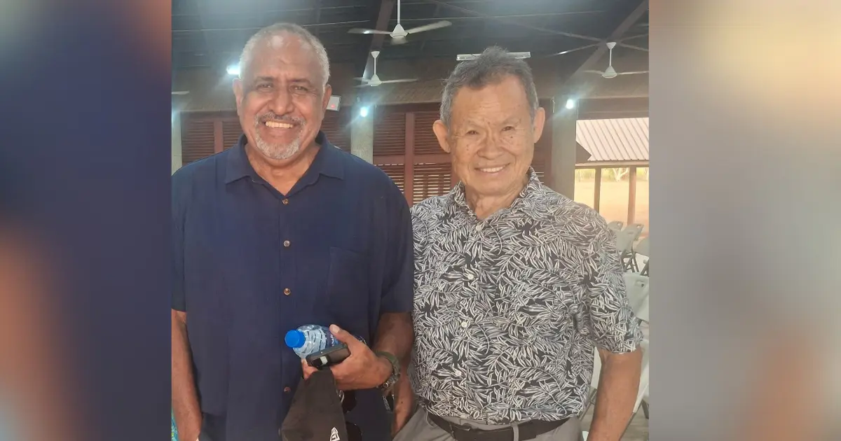 Sireli Bulicokocoko  with the former Lautoka mayor, Kenneth Low at the Girmit Centre in Lautoka.