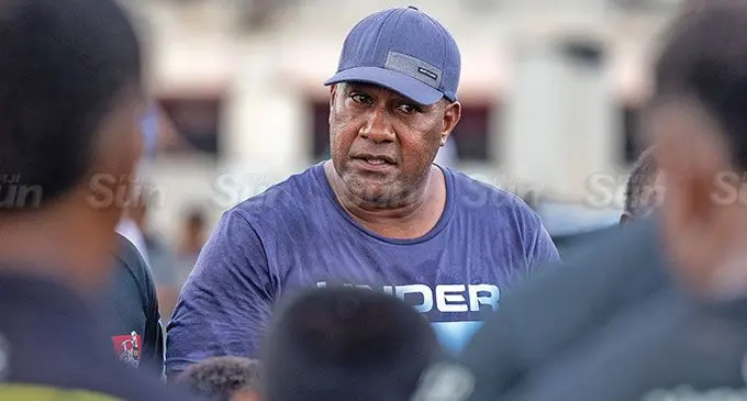 Vinod Patel Ba rugby head coach Vilimoni Delasau stresses a point to his players on April 13, 2024. Photo: Sereana Salalo