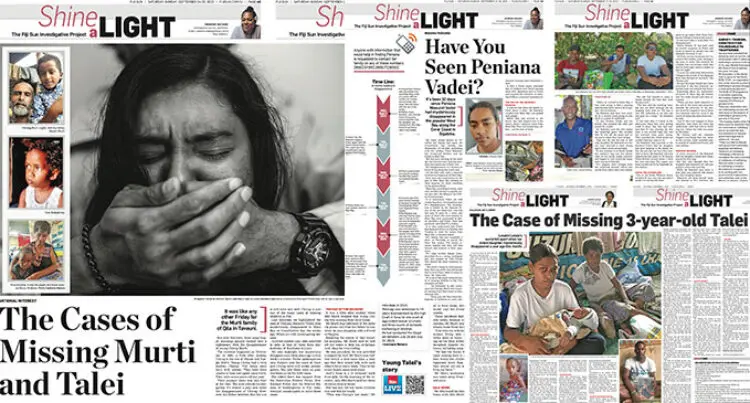 A collage of newspaper articles from the Fiji Sun that includes the disappearance of Chirag Murti, Talei Raikadroka and Peniana Vadei.