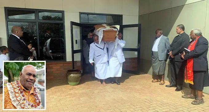 The late Reverend Dr Ilaitia Tuwere’s casket is carried out of the Meadowlands Methodist Church, Somerville in Auckland, while his eldest child and Fiji’s High Commission in New Zealand’s second secretary, Josua Tuwere  (standing left), and Methodist Church of Fiji and Rotuma president, Reverend Ili Vunisuwai (right), look on. The late Reverend Dr Tuwere was buried at Purewa Cemetery & Crematorium, Meadowbank in Auckland on September 3, 2022. : Photo: Nemani Delaibatiki. Inset: The late Reverend Dr Ilaitia Tuwere
