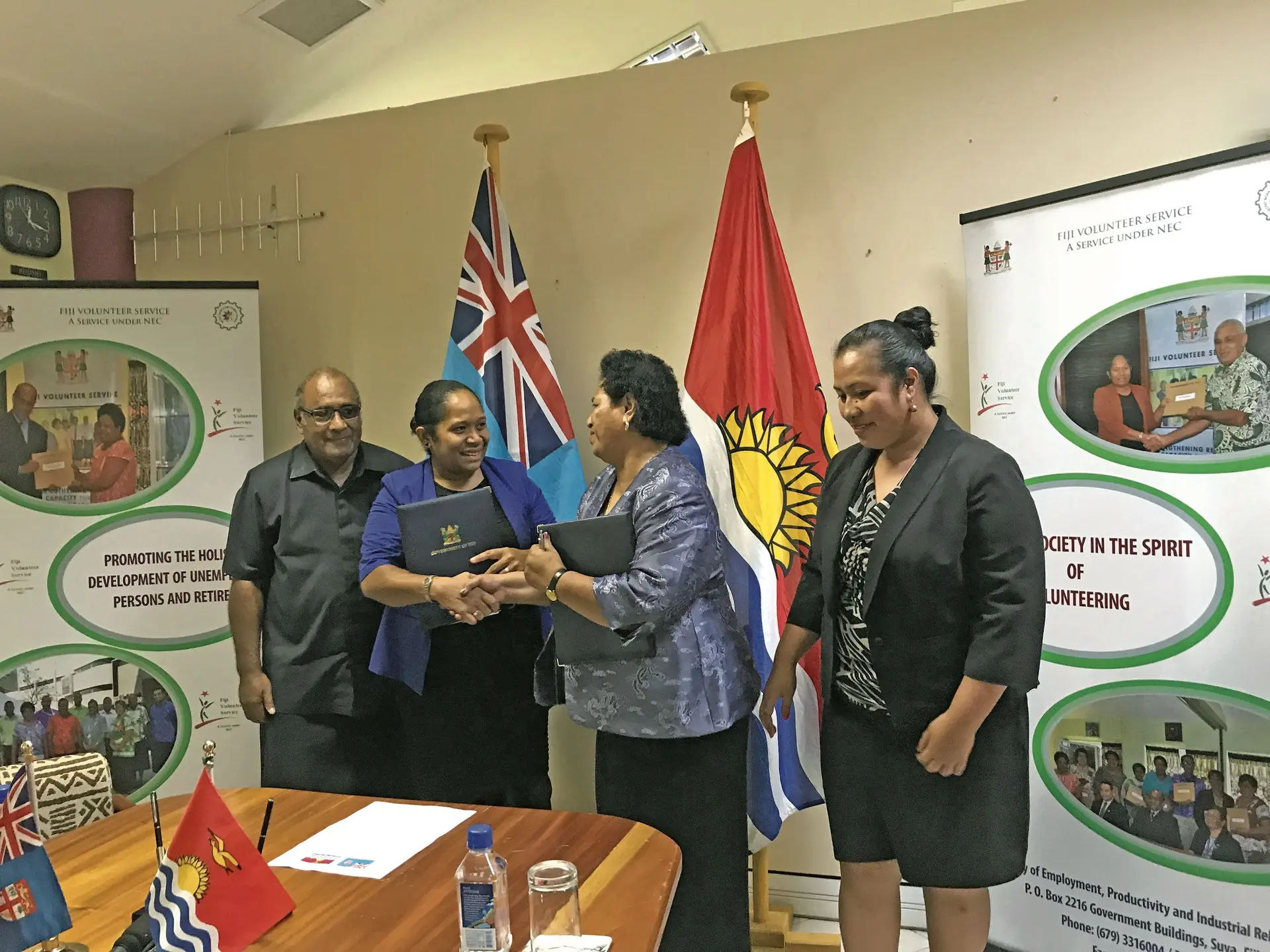 From left: Fijis Roving Ambassador to Pacific Island Countries Ratu Tui Cavuilati  Permanent Secretary Employment Salaseini Daunabuna with Kiribati High Commissioner to Fiji Reteta Rimon and Mary Meita at the Memorandum of Agreement on the Fiji Volunteer Service Scheme on February 15, 2018.  Photo: Losirene Lacanivalu