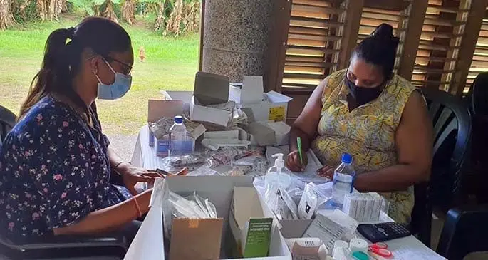FRIEND Fiji director Sashi Kiran hands over the medication to the Ministry of Health officals at the Girmit Centre in Lautoka on May 21, 2021.