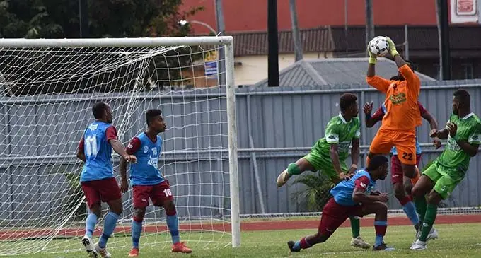 Nasinu goalkeeper Josaia Ratu makes a save against Jack’s Nadi during the final pool game of the INKK Mobile Battle of the Giants clash at Churchill Park in Lautoka on August 4, 2019. Nasinu won 1-0.  Photo: Waisea Nasokia
