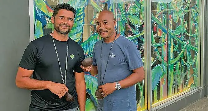 Local painter Jack Eastgate and Lami Kava director Donny Yee at Mana Coffee’s events centre in Walu Bay, Suva .