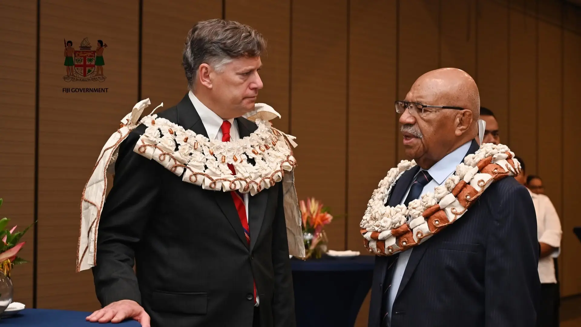 Prime Minister Sitiveni Rabuka and United States Deputy Secretary of State Christopher Landau during their bilateral meeting in Suva on Saturday.