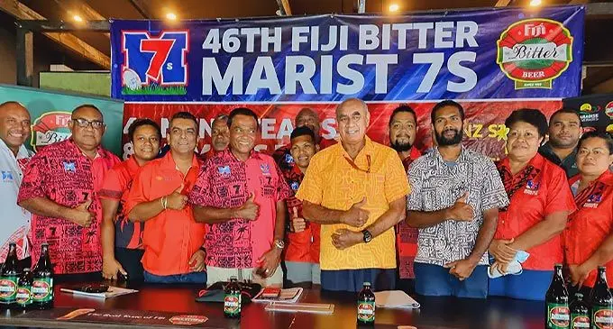 Marist Rugby Club president Lawrence Tikaram and Paradise Beverages general manager sales and corporate affairs Joe Rodan Snr with MRC officials at Walu Bay, Suva, on March 18, 2022. Photo: Sereana Salalo