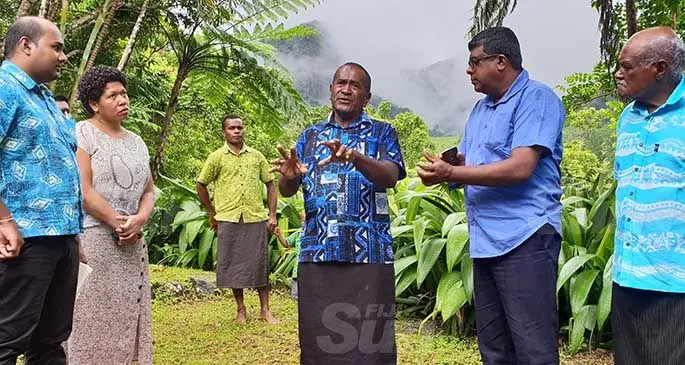 Abaca Village Eco-Tourism project manager, Pauliasi Kubu (fourth from left) explaining operations to the Minister for Agriculture, Waterways and Environment, Mahendra Reddy when visiting the Nase Lodge on March 9, 2021. Photo: Nicolette Chambers
