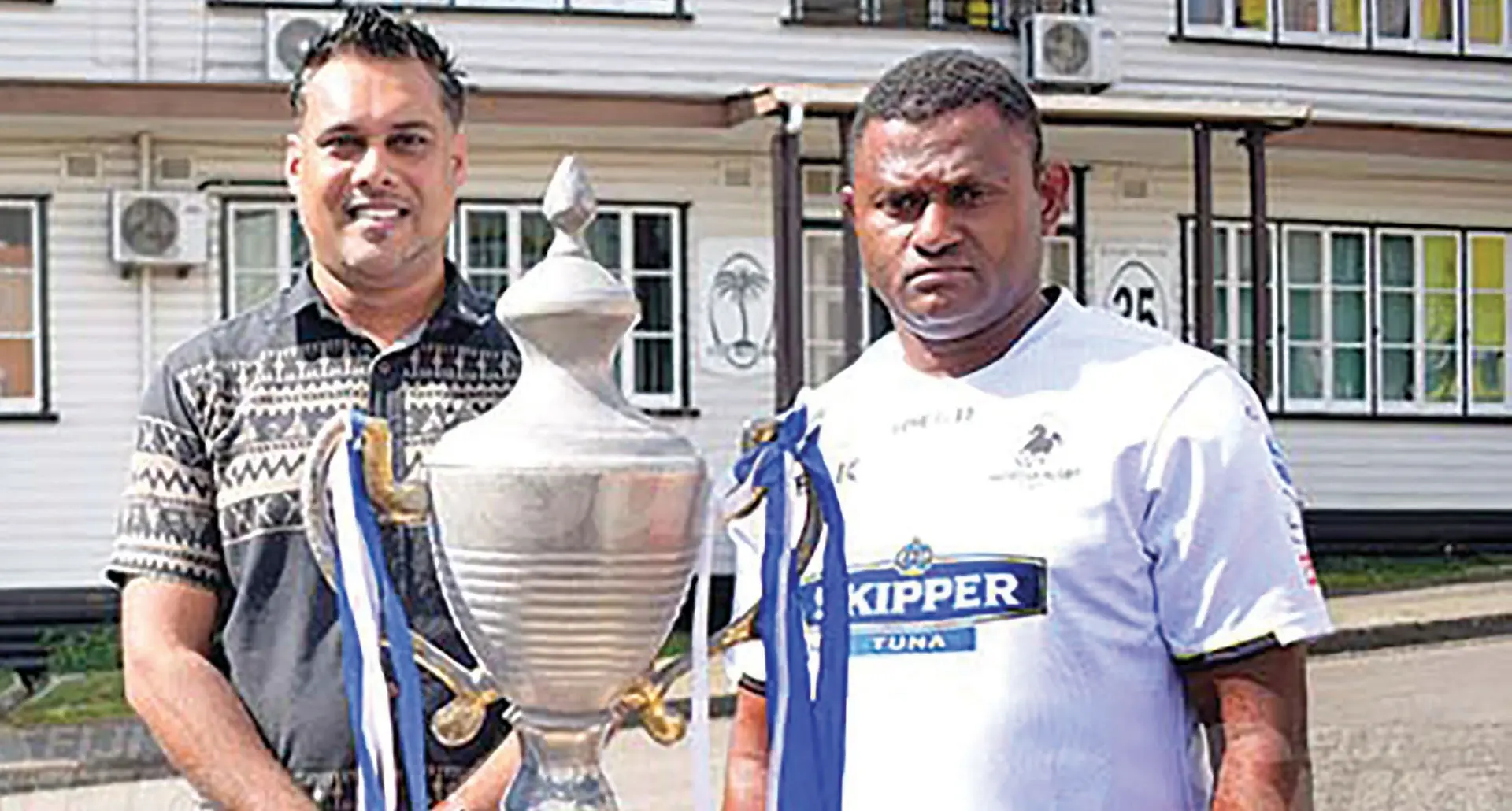 From left  CJ Patel Group marketing manager Ashwin Prasad with Nadroga manager Semi Cabenalotu and the Skipper Cup. Photo: Ronald  Kumar