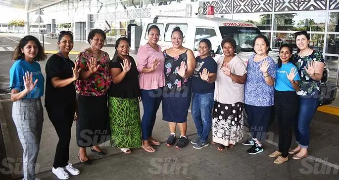 COVID-19 frontliners from left: Sheenal Sharma, Priti Singh, La Tagicakibau, Senior Medical Officer Nadi Health Border Dr Sainimili Bulatale, General Manager Covid-19 Response Unit Dr Anaseini Maisema Tabua, Margaret Vuiyasawa, Family Health Dr Rachael Devi, National Disaster Management Office Dr Susana Nakalevu, Christine Calo’oy, Zubnah Khan and Cate Heinrich at the Nadi International Airport on March 5, 2021. International Women’s Day supplement inside. Photo: Waisea Nasokia