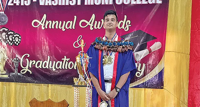 Vashist Muni College Dux Emmanuel Masih with his trophies and awards.