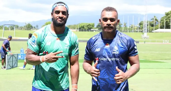 Swire Shipping Fijian Drua Super Rugby debutants (from left) Kemu Valetini and Eroni ‘The Sledgehammer’ Sau in Nadi on March 9, 2023. Photo: Fijian Drua Media