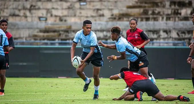 Ivamere Nabura (with ball) plays for Mt Masada during the Super Sevens Series at the ANZ Stadium, Suva, on November 12, 2021. Photo: Leon Lord