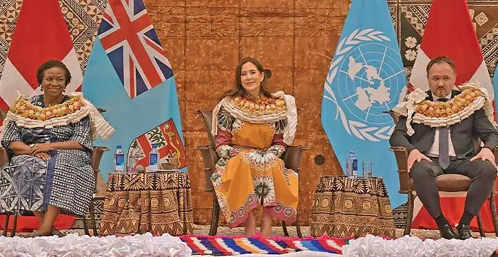 From left: United Nations (UN) Under-Secretary-General and the United Nations Population Fund (UNFPA) Executive Director, Dr. Natalia Kanem, Crown Princess of Denmark Mary Elizabeth and Denmark’s Minister for Development Cooperation and Global Climate Policy Dan Jørgensen during the traditional welcoming ceremony at the Grand Pacific Hotel in Suva on April 25, 2023. Photo: DEPTFO