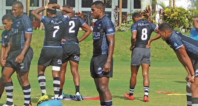 Fiji Airways Fijian 7s captain Paula Dranisinukula (second from left) leads from the front during training at Albert Park, Suva on March 20, 2019. Photo: FRU Media