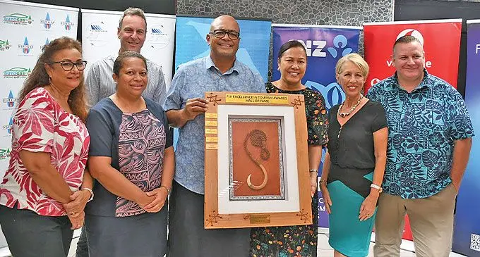 From left: Fiji Hotel and Tourism Association chief executive officer Fantasha Lockington, Kolora Smith, Tourism Fiji chief executive officer Brent Hill, Tewaka managing director James Sowane, Lala Sowane, Fiji Excellence in Tourism Awards (FETA) chair Debra Sadranu and Brad Rutherford during the 2024 ANZ FETA season launch at the Coffee Hub in Nadi on June 5, 2024. Photo: Waisea Nasokia